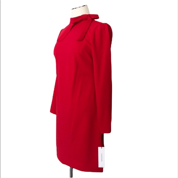 CALVIN KLEIN Bow Tie at Neck Exposed Gold Zipper Long Sleeve Red Sz 6 New - Picture 3 of 9